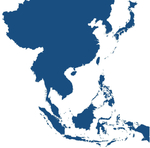 Blaue Silhouettenkarte Ostasiens und Südostasiens mit China, Japan, Indochina und dem Malaiischen Archipel