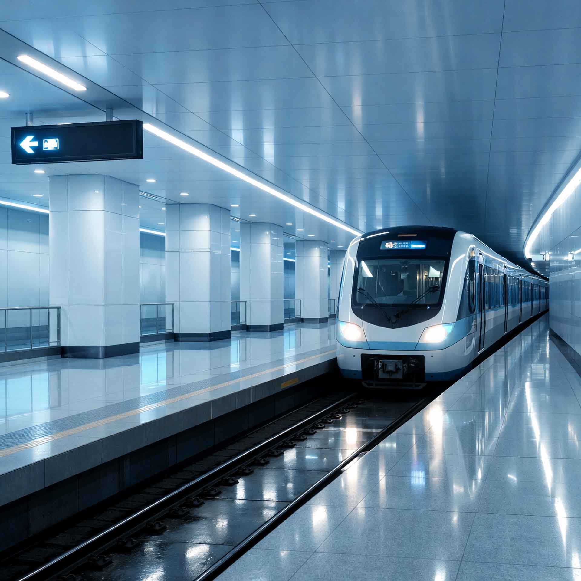 Weißer U-Bahn-Zug fährt in eine moderne, hell beleuchtete U-Bahn-Station mit blauer Akzentbeleuchtung ein