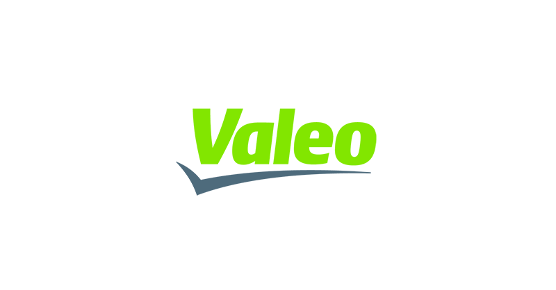 Valeo Logo – grüner Schriftzug mit grauem Schwung-Element auf weißem Hintergrund