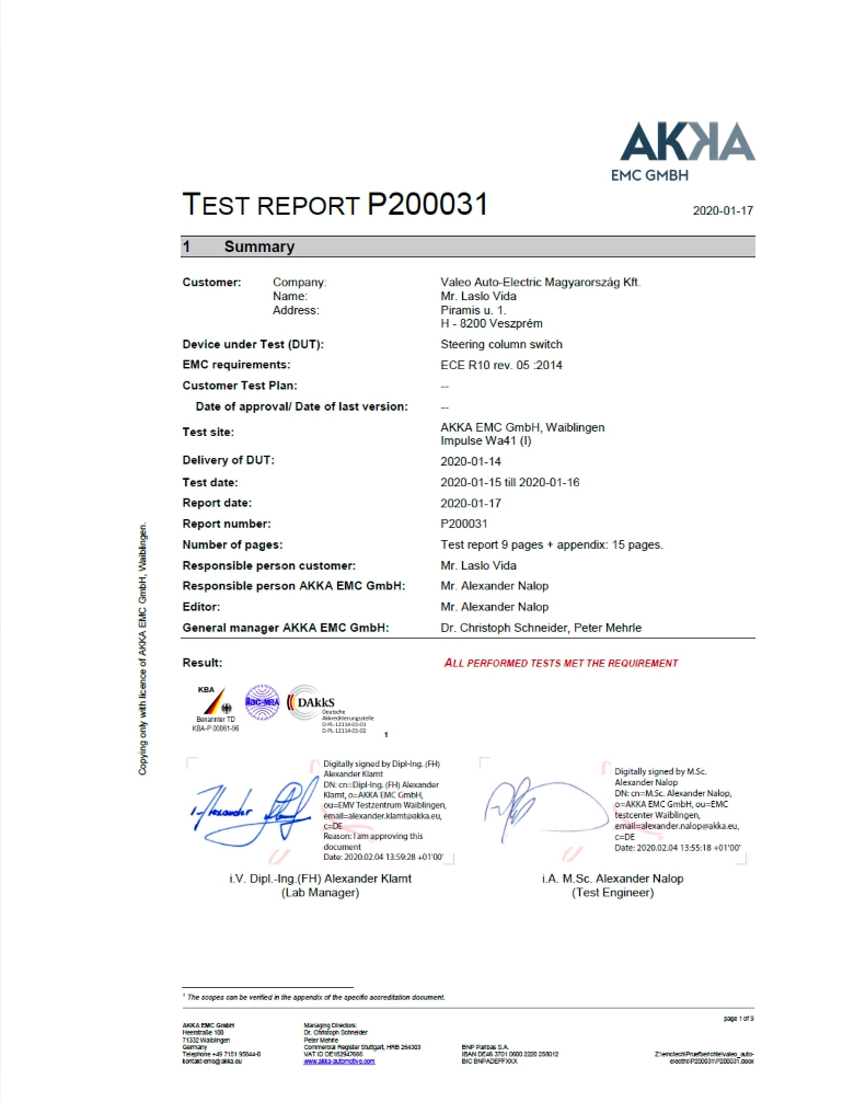 AKKA EMC GmbH Prüfbericht P200031 für Valeo Lenkstockhebel – EMV-Test bestanden, datiert 2020-01-17