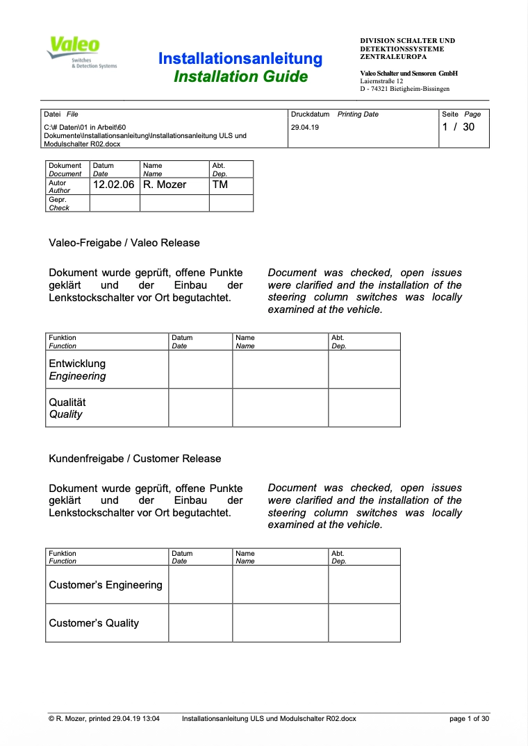 Valeo Installationsanleitung für Lenkstockschalter und Modulschalter – zweisprachiges Deckblatt, Seite 1 von 30