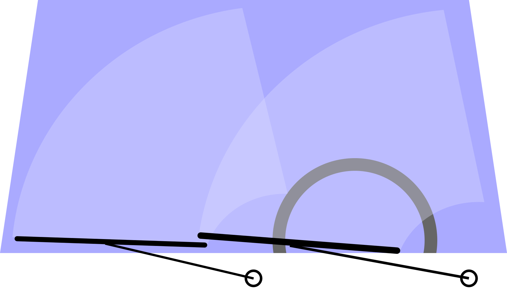 Schematische Illustration zweier Scheibenwischer mit überlappenden Wischfeldern auf blauer Scheibe